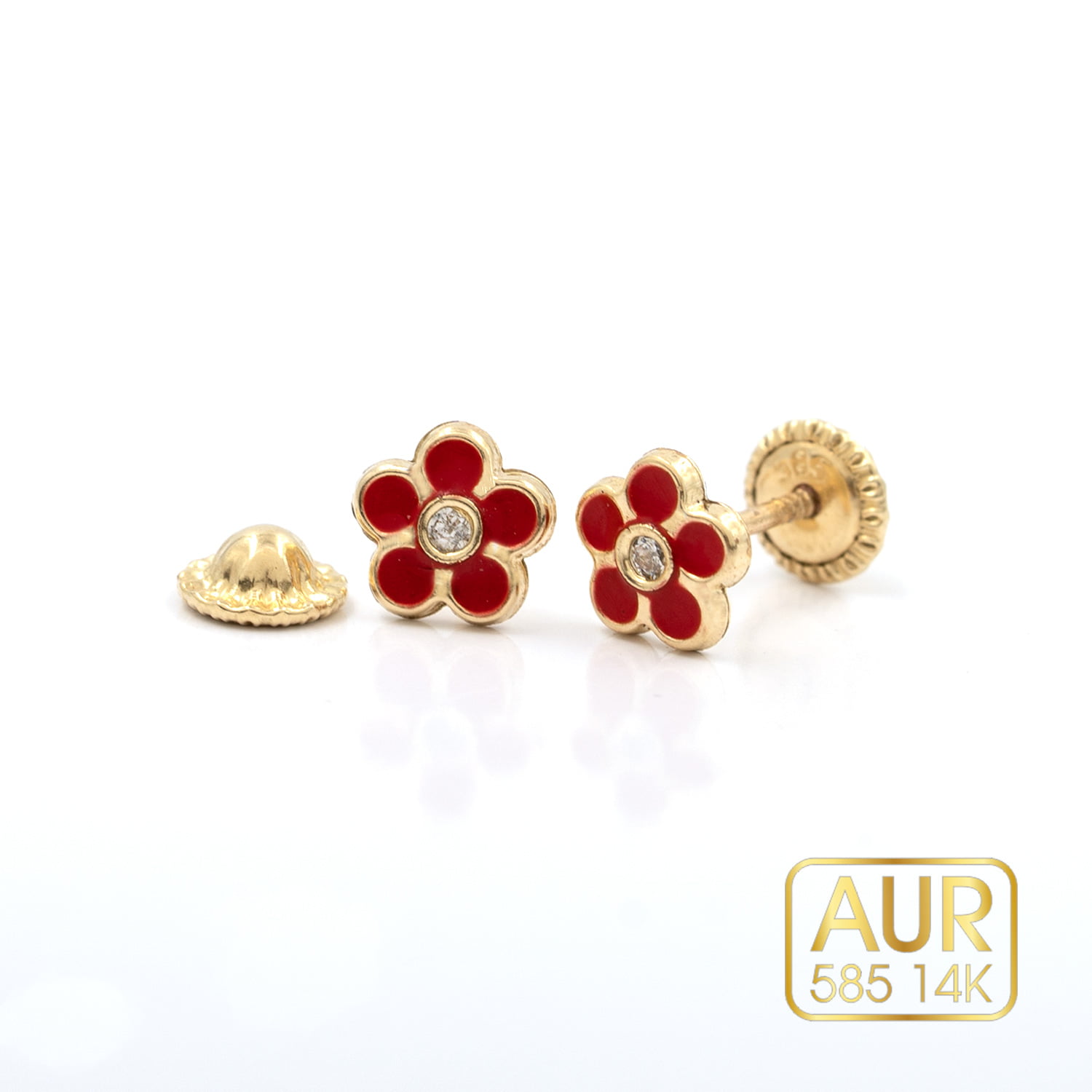Cercei Aur 14K bebe/copii - Model "Floare si Cubic Zirconia" cu surub - Aur galben cu email rosu
