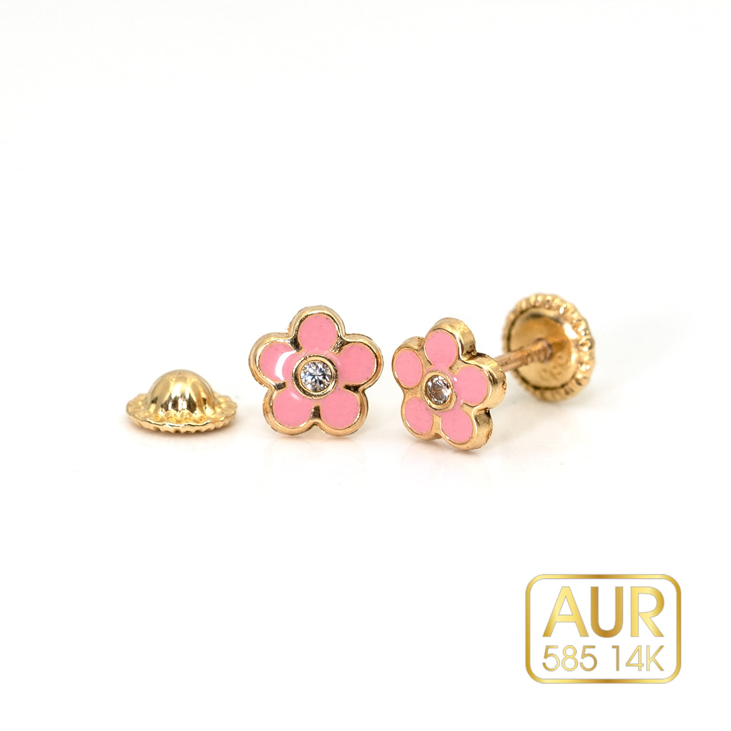 Cercei Aur 14K bebe/copii - Model "Floare si Cubic Zirconia" cu surub - Aur galben cu email roz