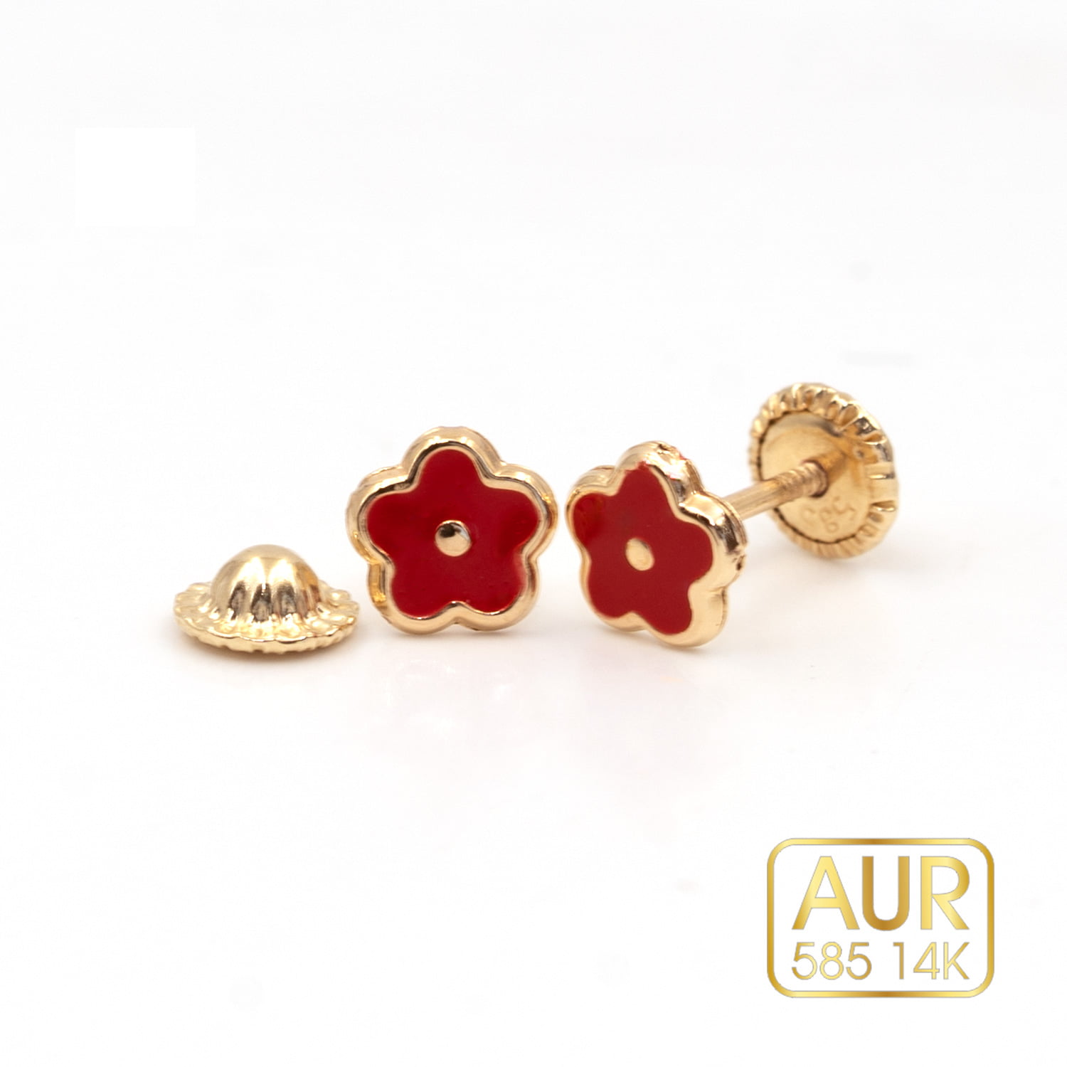 Cercei Aur 14K bebe/copii - Model "Floricele" cu surub - Aur galben cu email rosu