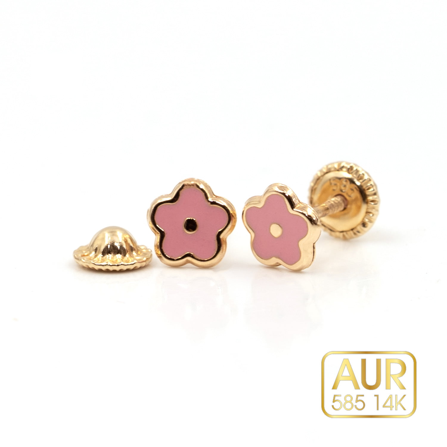 Cercei Aur 14K bebe/copii - Model "Floricele" cu surub - Aur galben cu email roz