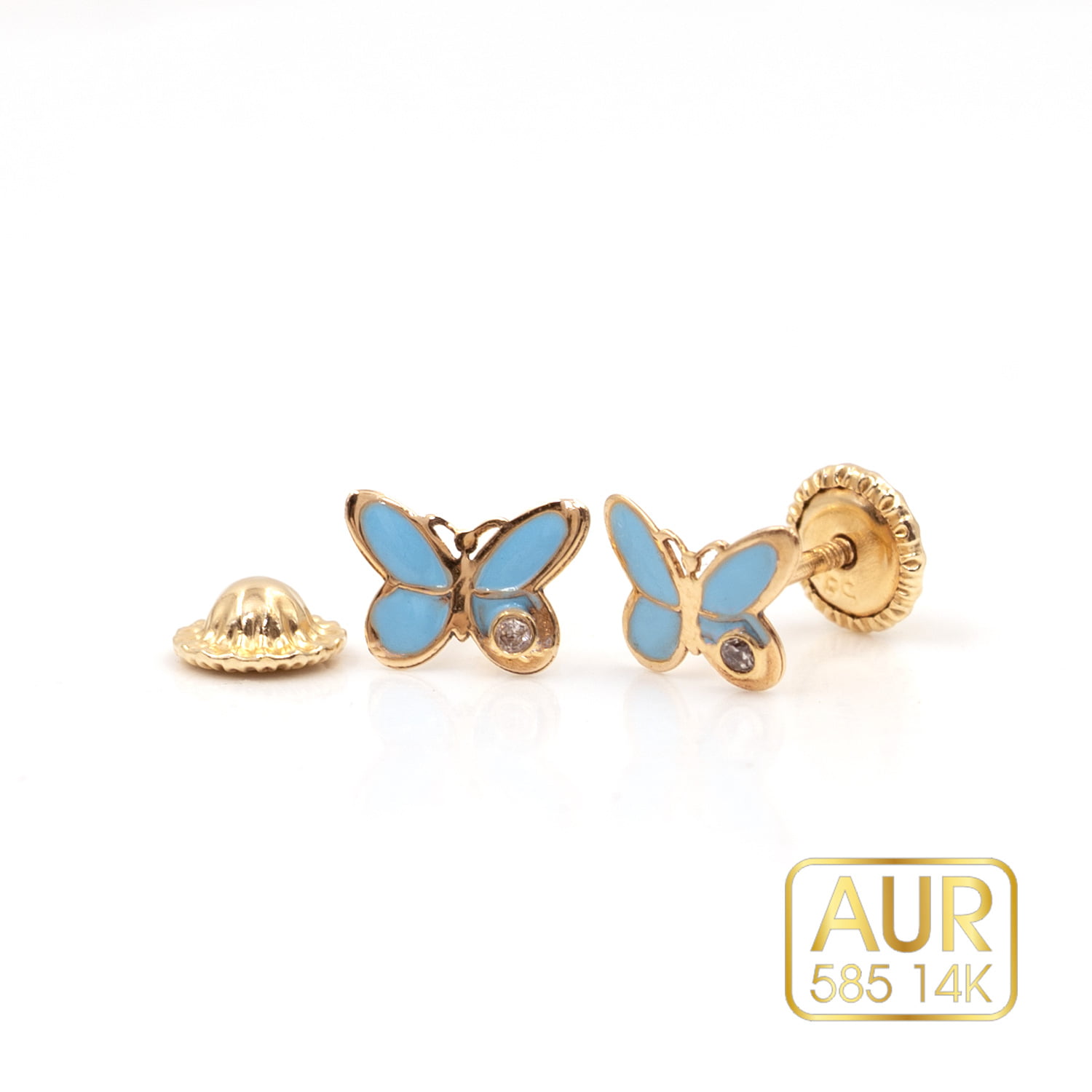 Cercei Aur 14K bebe/copii - Model "Fluturasi bleu ciel si pietricica" cu surub