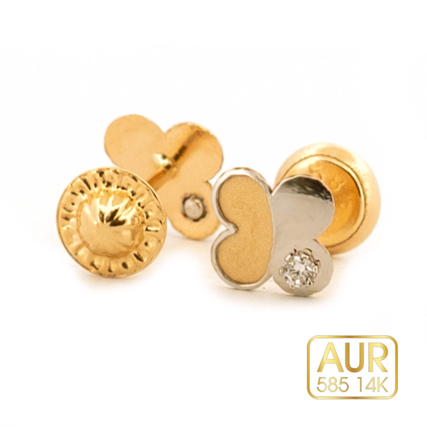 Cercei Aur 14K bebe/copii - Model "Fluturasi cu pietricica si aur alb" cu surub