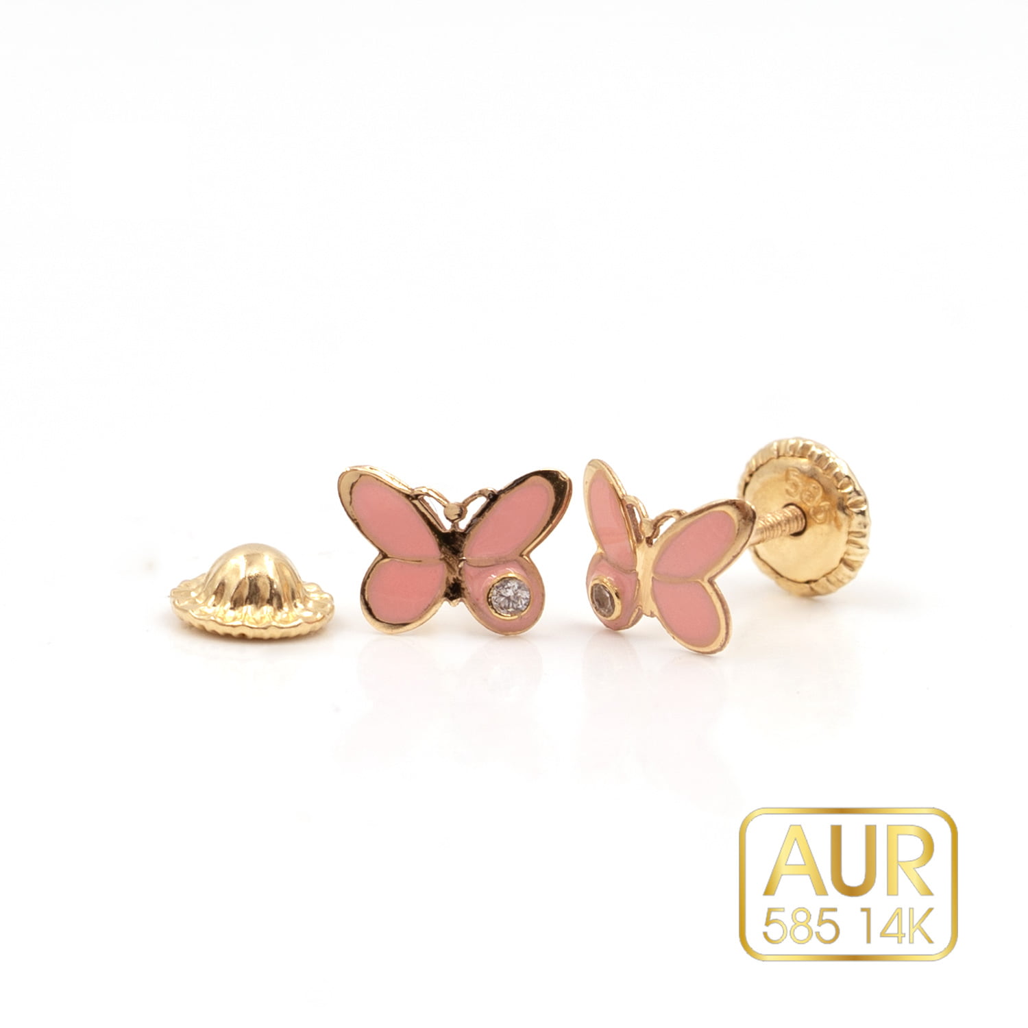 Cercei Aur 14K bebe/copii - Model "Fluturasi roz si pietricica" cu surub