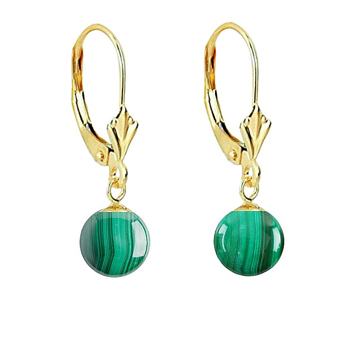 Cercei Aur Galben de 14 karate cu Tortita Model Lalea si Pietre Semipretioase Naturale de Malachit de 8 mm