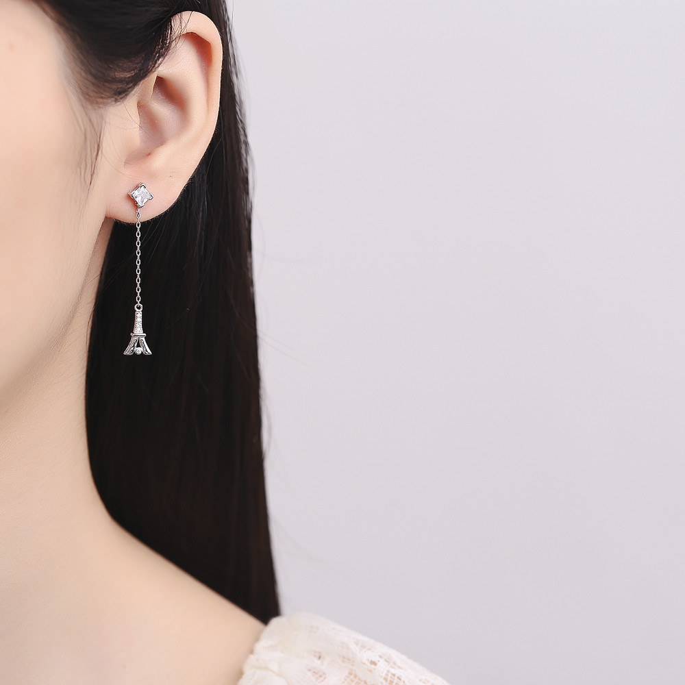 Cercei lungi argint 925, JW846, model Paris, placati cu rodiu - poza 2