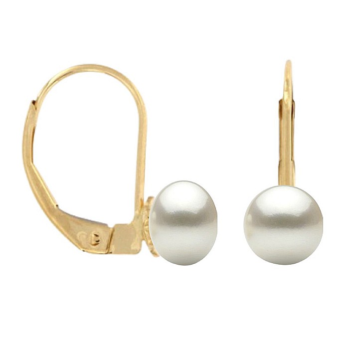 Cercei Perle Albe Naturale 5-6 mm, Aur Galben 14K, Forma Buton, Tortita Inchisa KASKADDA