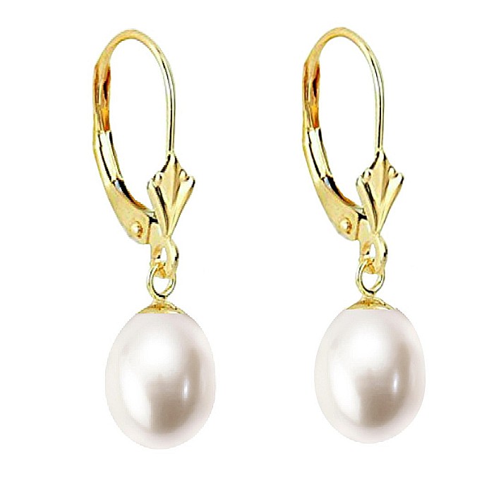 Cercei Perle Albe, Naturale, Forma Lacrima 8 5 mm si Aur Galben 14K KASKADDA