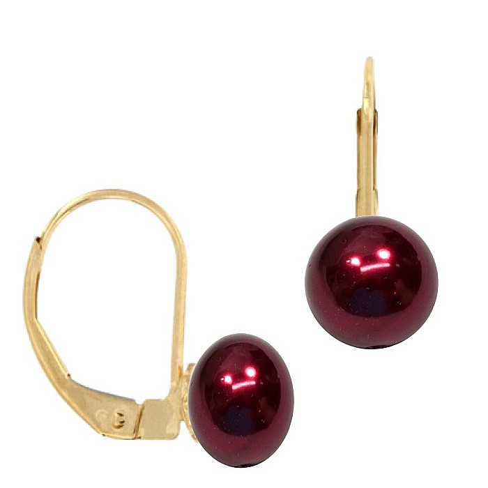 Cercei Perle Burgundy Naturale 7-8 mm, Aur Galben 14K, Forma Buton, Tortita Inchisa KASKADDA