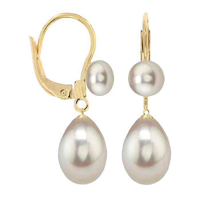 Cercei Perle Mari Albe Naturale, Forma Lacrima, Aur Galben 14K - Model Princess KASKADDA