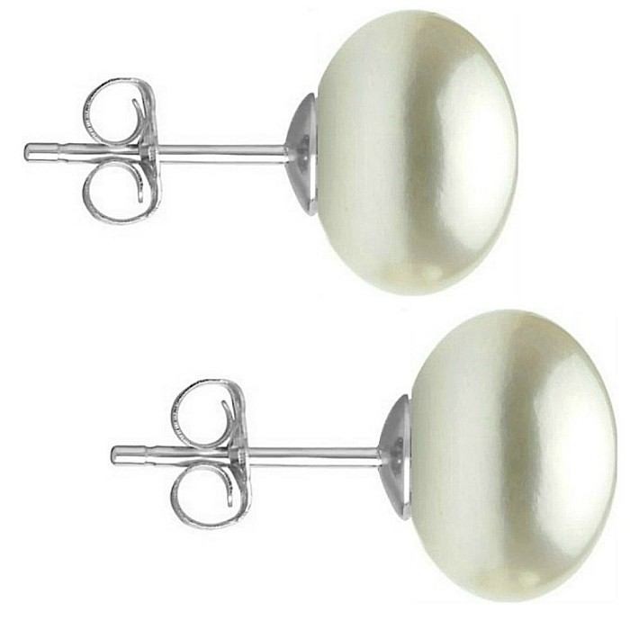 Cercei Perle Mari, Naturale, 9-10 mm, Buton AAA, Aur Alb 14K (aur 585), Tip surub KASKADDA