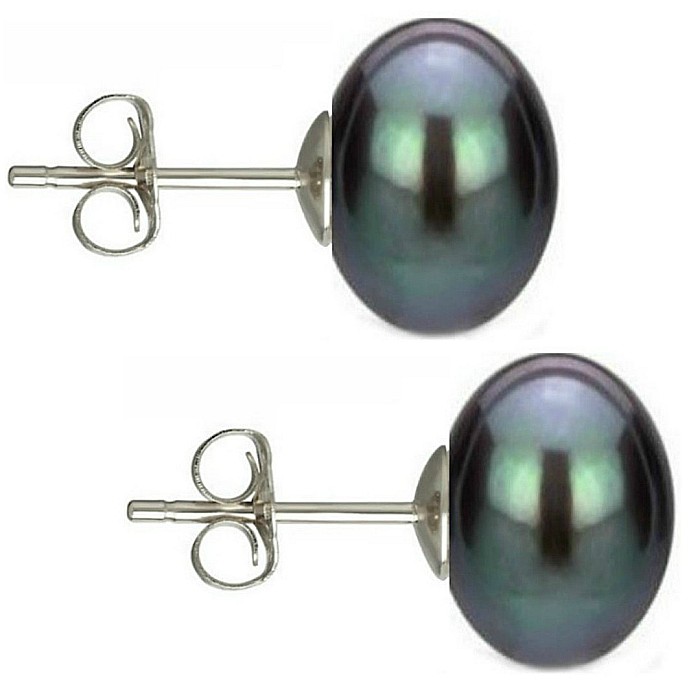 Cercei Perle Mari Negre, Naturale, 9-10 mm, Tip surub, Argint 925 - Calitate AAA KASKADDA