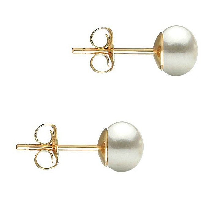 Cercei Perle Naturale Albe 5-6 mm, Buton AAA, Aur 14K (aur 585), Tip surub KASKADDA