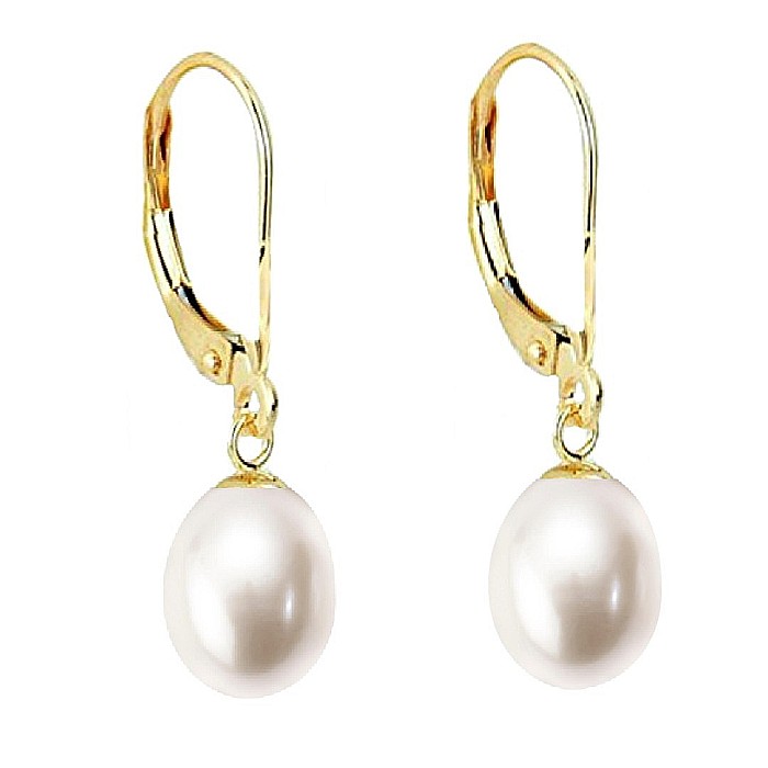Cercei Perle Naturale Albe 8 5 mm, Forma Lacrima, Aur 14K (aur 585), Calitate AAA KASKADDA