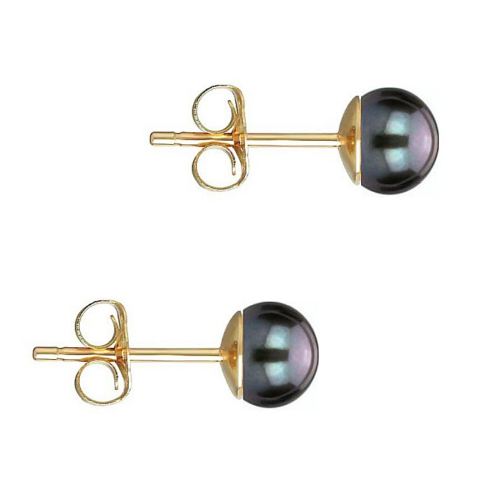 Cercei Perle Naturale Negre 5-6 mm, Buton AAA, Aur 14K (aur 585), Tip surub KASKADDA