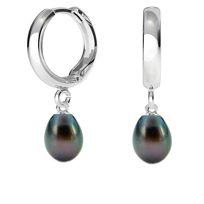 Cercei Perle Negre Teardrop, Reflex Albastrui, Tip Creole, Argint 925 KASKADDA