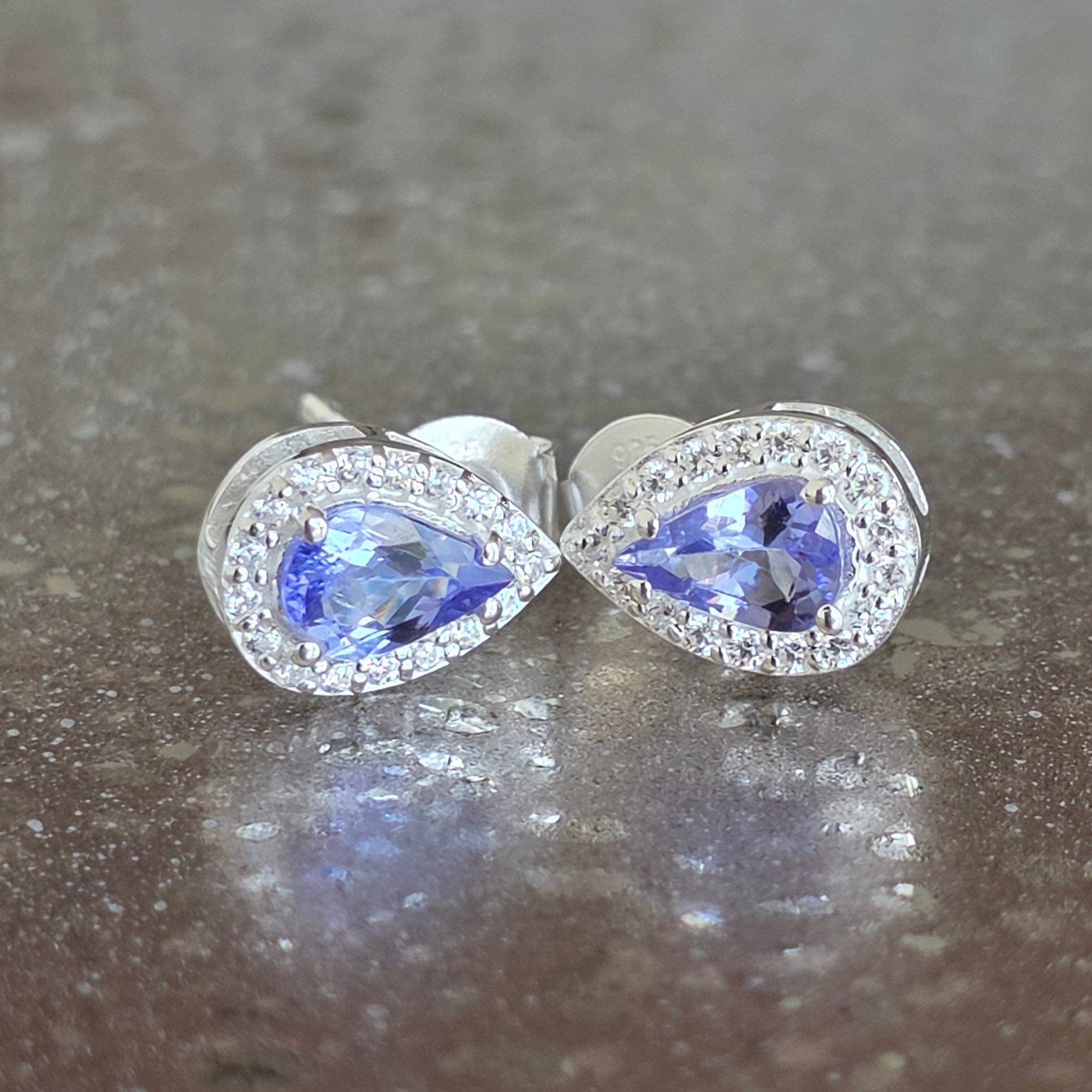 Cercei stud tanzanit, topaz din argint Pear
