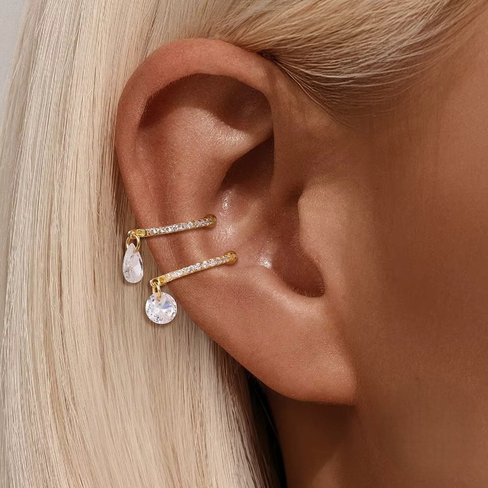 Cercel ear cuff argint 925, JW1673, model piatra, placat cu aur - poza 2