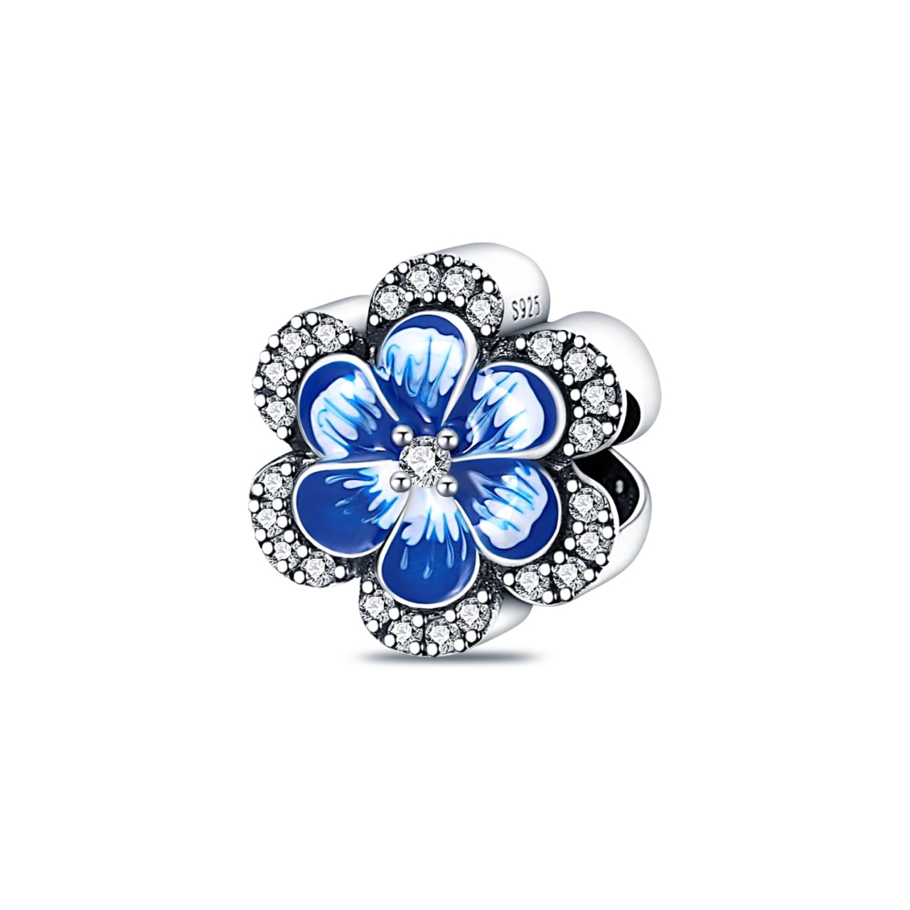 Charm/talisman argint 925, JW1121, model floare alb/albastra, placat cu rodiu - poza 1
