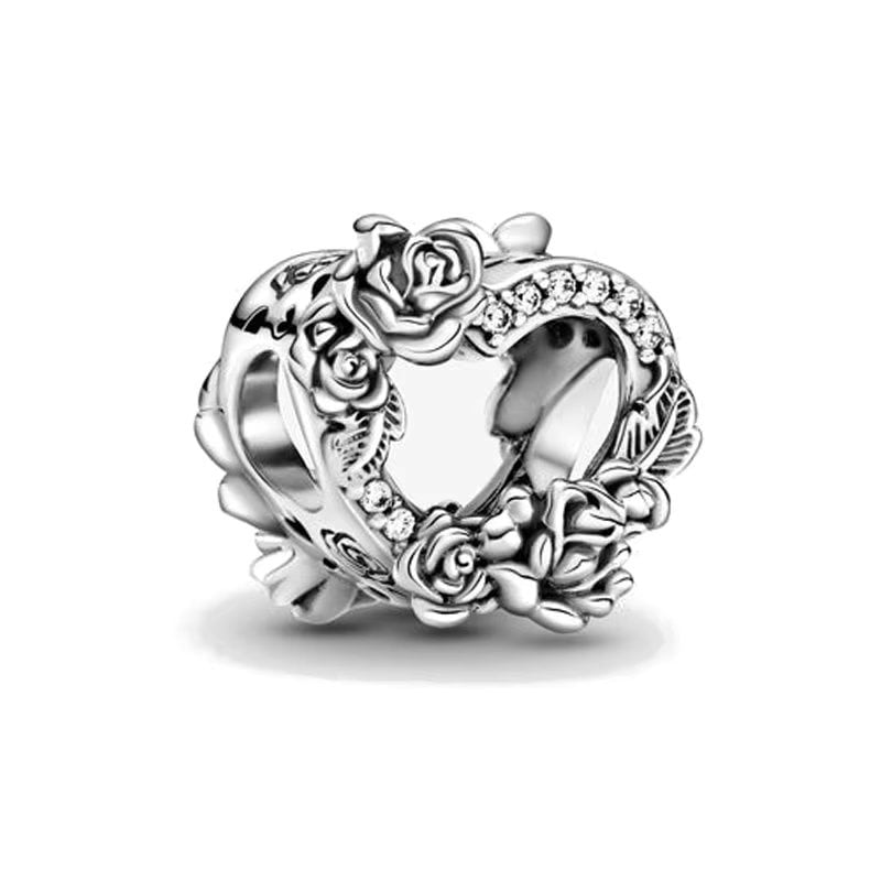 Charm/talisman argint 925, JW1147, model inima cu trandafiri, placat cu rodiu - poza 1
