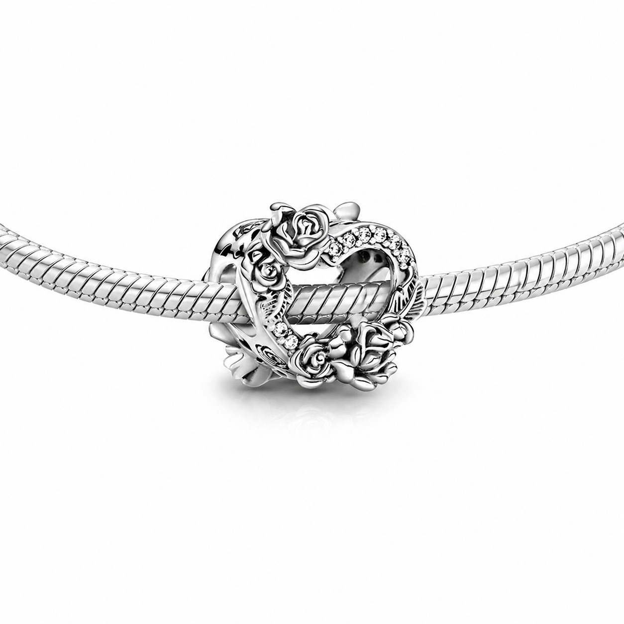 Charm/talisman argint 925, JW1147, model inima cu trandafiri, placat cu rodiu - poza 2