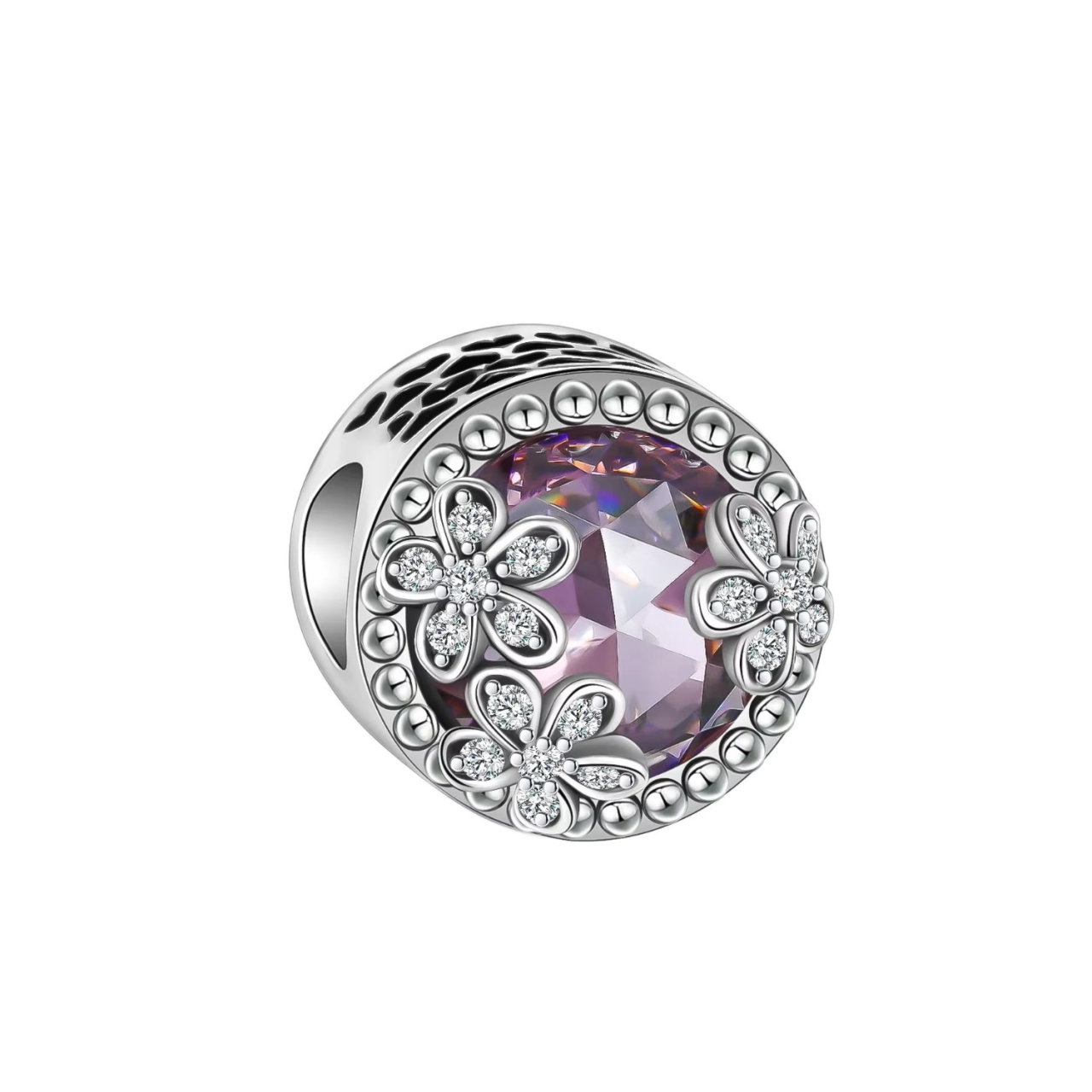 Charm/talisman argint 925, JW1168, model cu piatra roz si flori, placat cu rodiu - poza 1