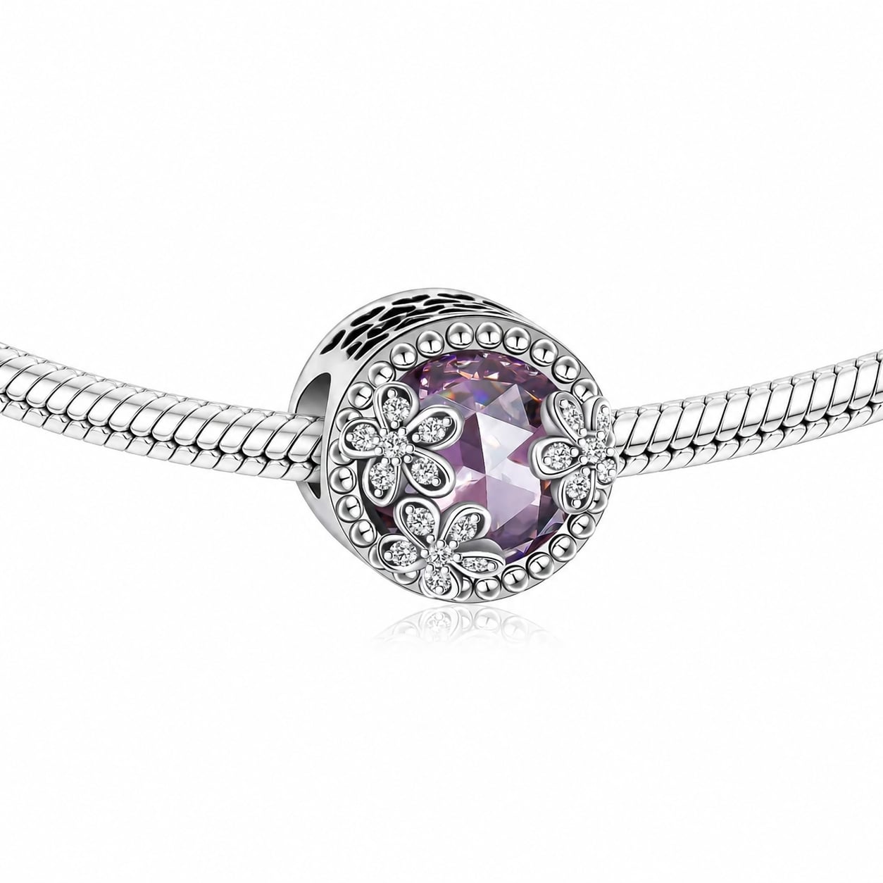 Charm/talisman argint 925, JW1168, model cu piatra roz si flori, placat cu rodiu - poza 2