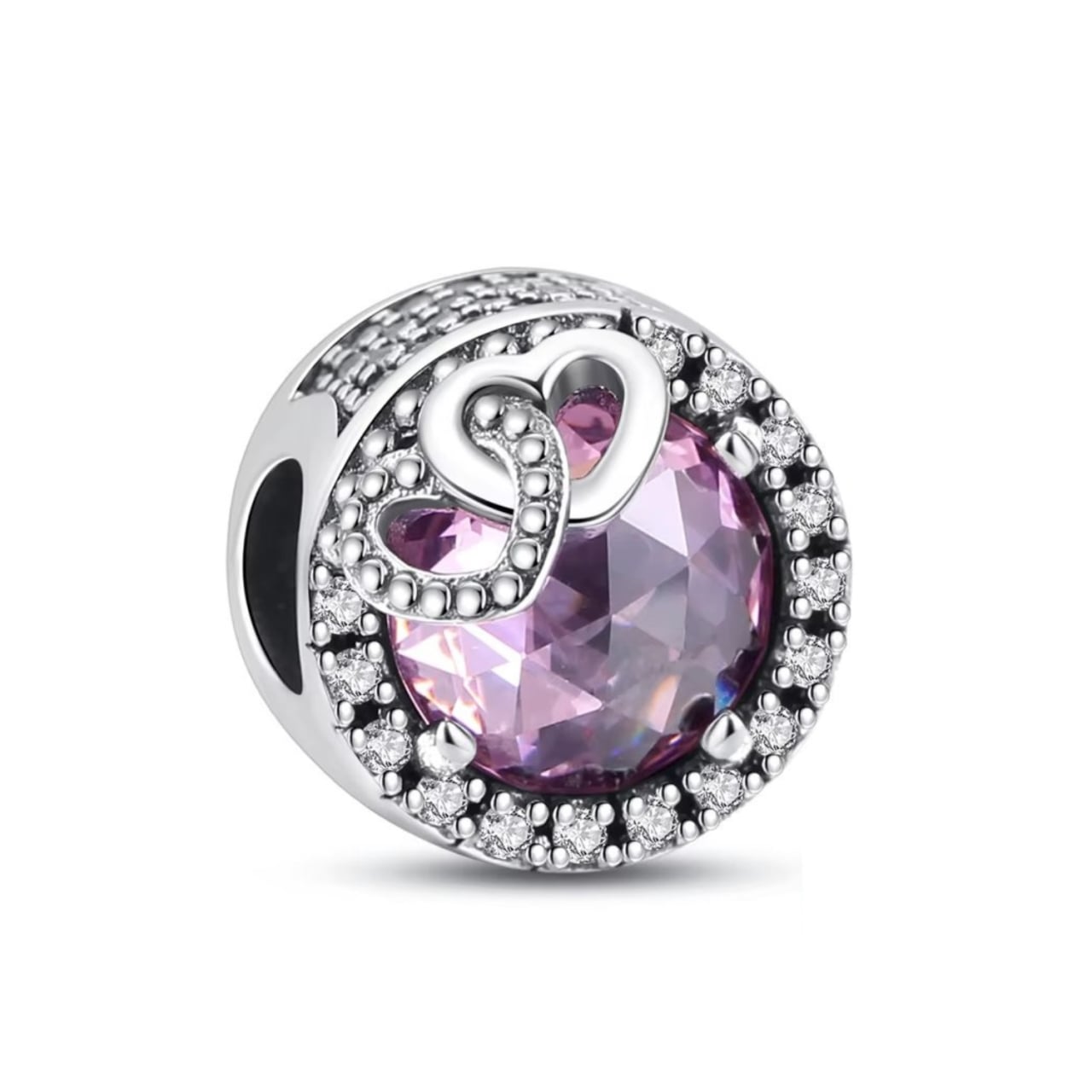 Charm/talisman argint 925, JW1185, model cu piatra roz si inimioare, placat cu rodiu - poza 1