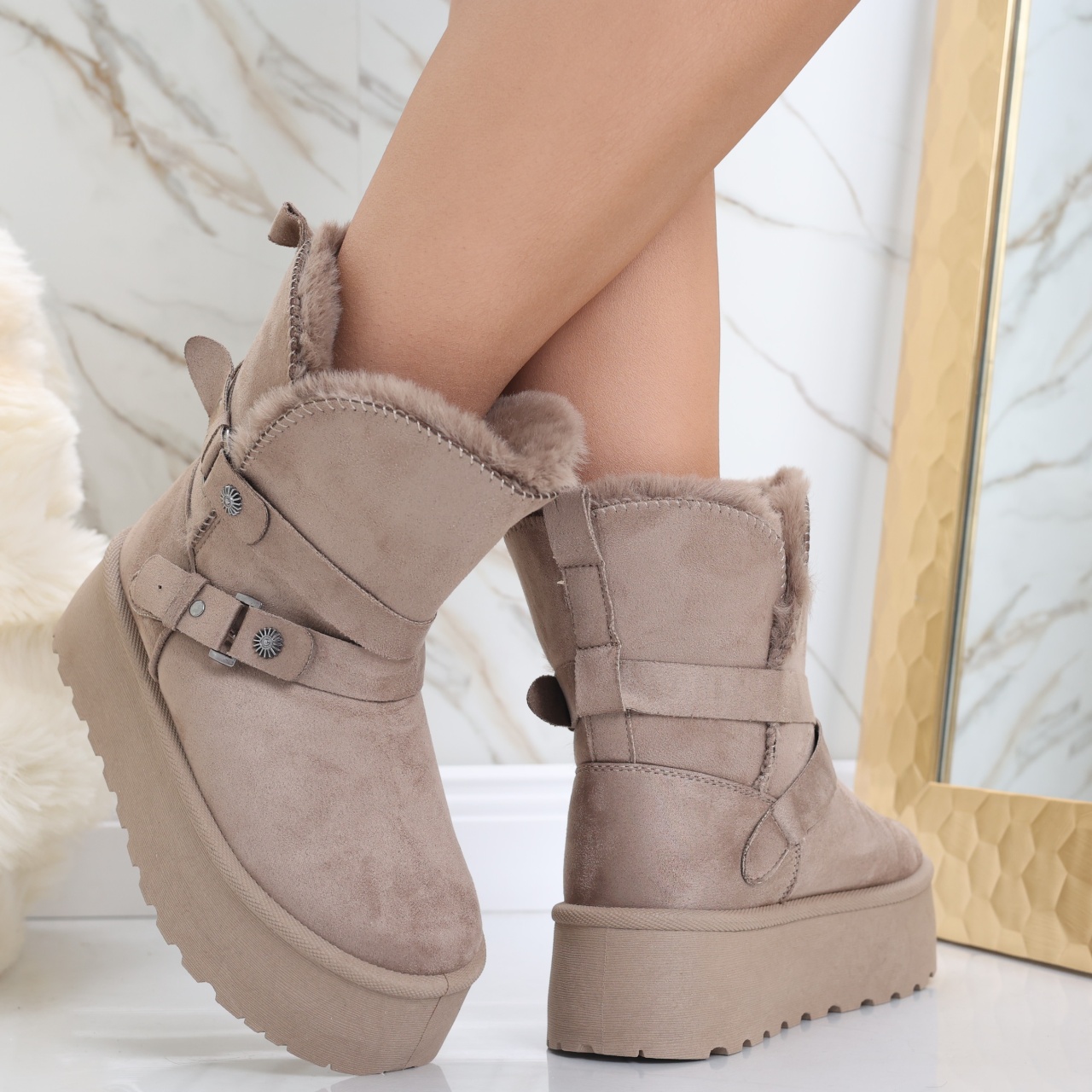 Cizme Dama Imblanite Kaki din Piele Ecologica Intoarsa Almina - poza 2