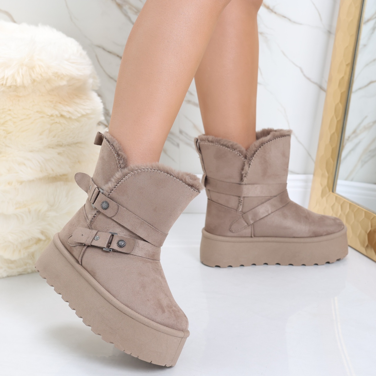 Cizme Dama Imblanite Kaki din Piele Ecologica Intoarsa Almina - poza 3