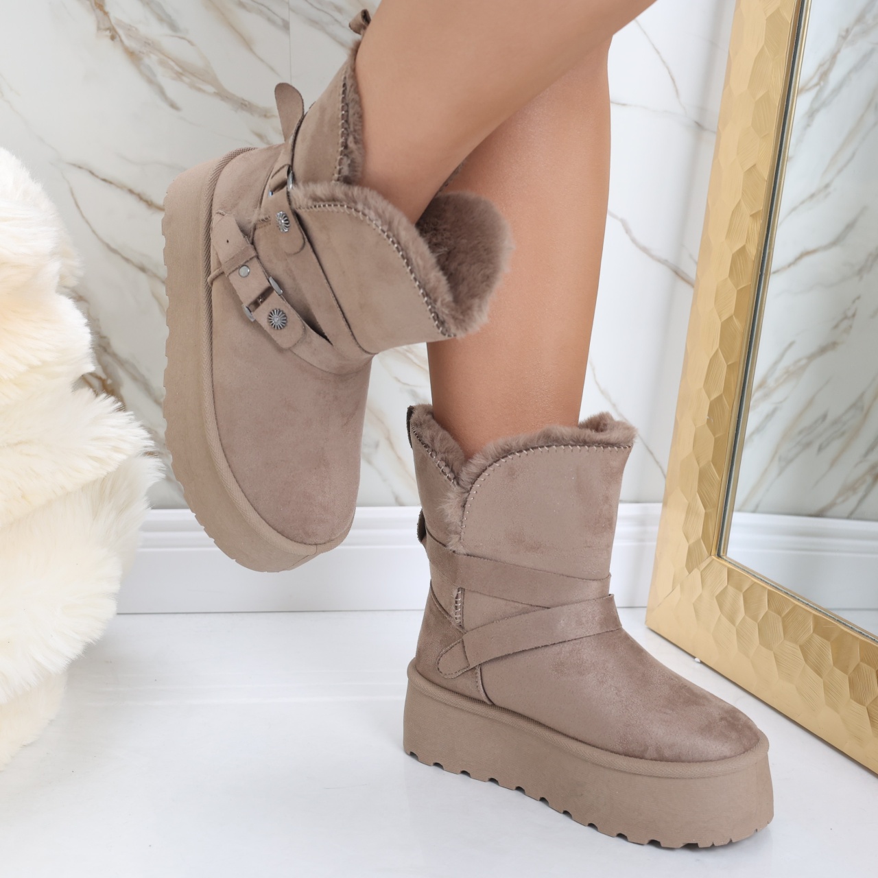 Cizme Dama Imblanite Kaki din Piele Ecologica Intoarsa Almina - poza 4