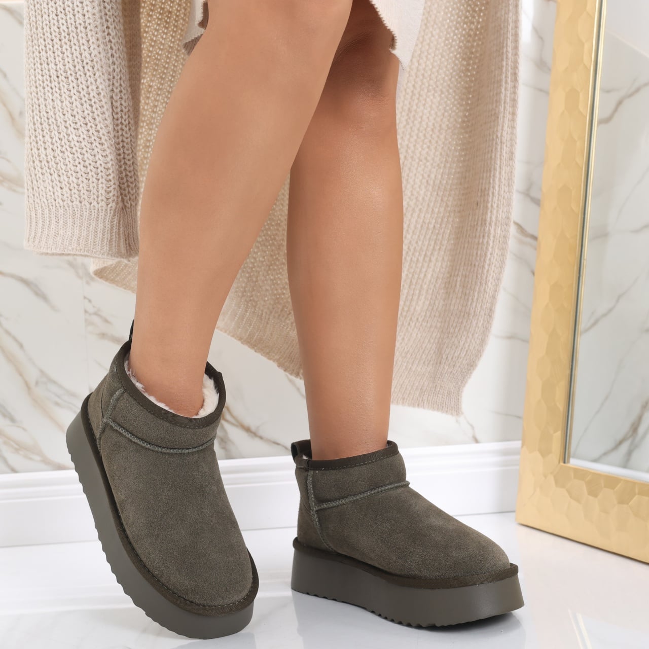 Cizme Dama Imblanite Kaki din Piele Naturala Intoarsa Zirana - poza 1
