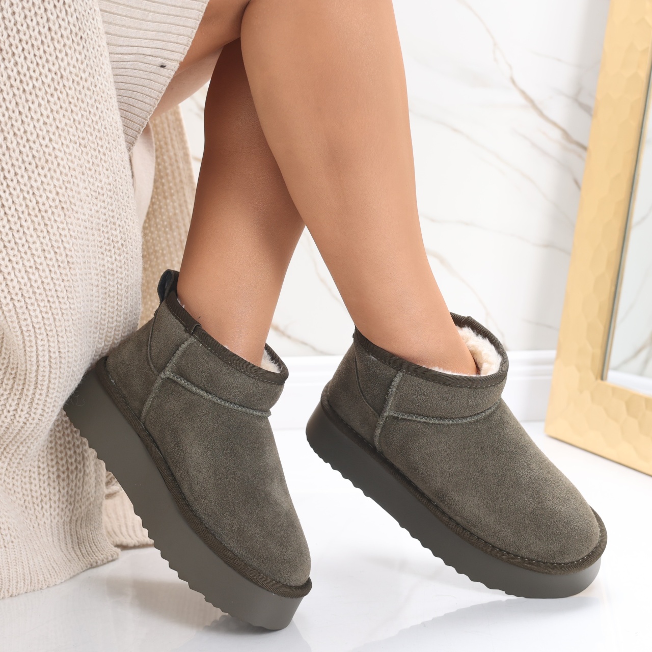 Cizme Dama Imblanite Kaki din Piele Naturala Intoarsa Zirana - poza 2