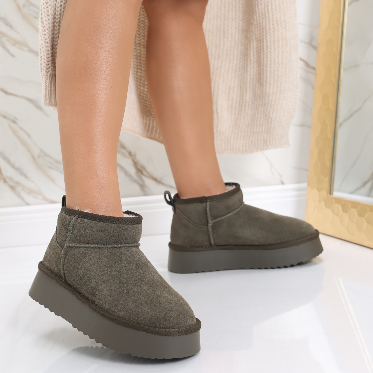 Cizme Dama Imblanite Kaki din Piele Naturala Intoarsa Zirana - poza 5
