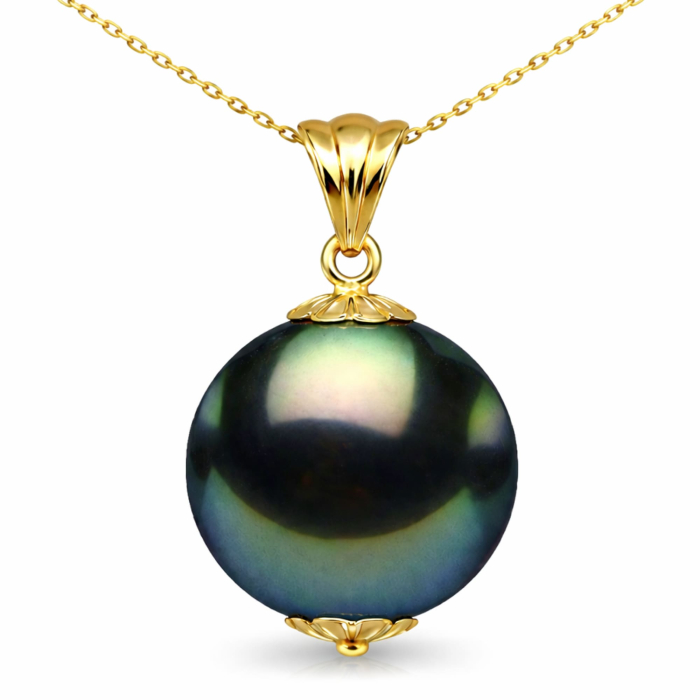 Colier cu Pandantiv Aur si Perla Naturala Tahitiana Neagra, de 10-11 mm, AAA, Aur Galben 14K cu Pandantiv KASKADDA