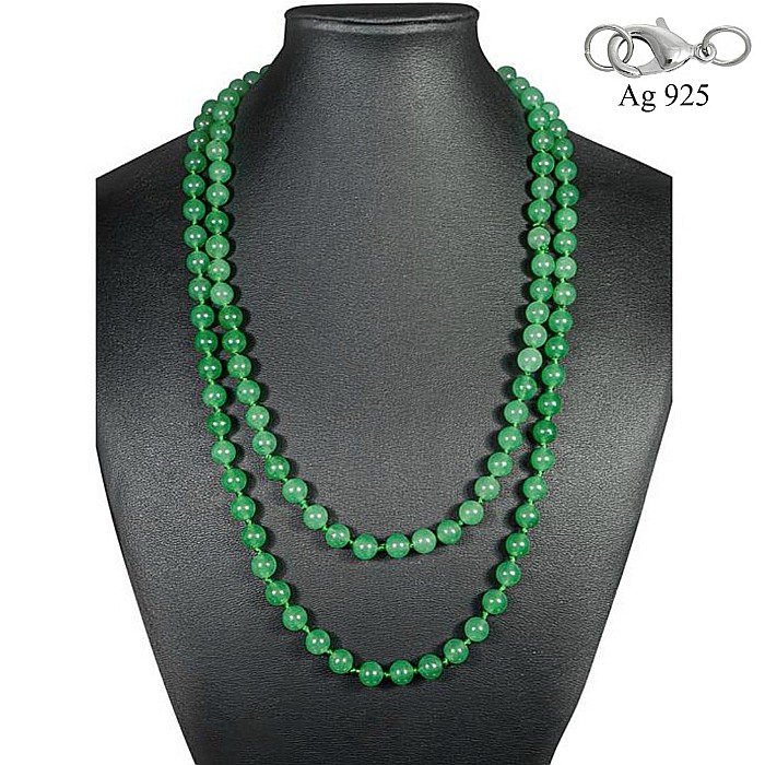 Colier Lung Jad Verde Malaesian de 8 mm cu Inchizatoare de Argint 925