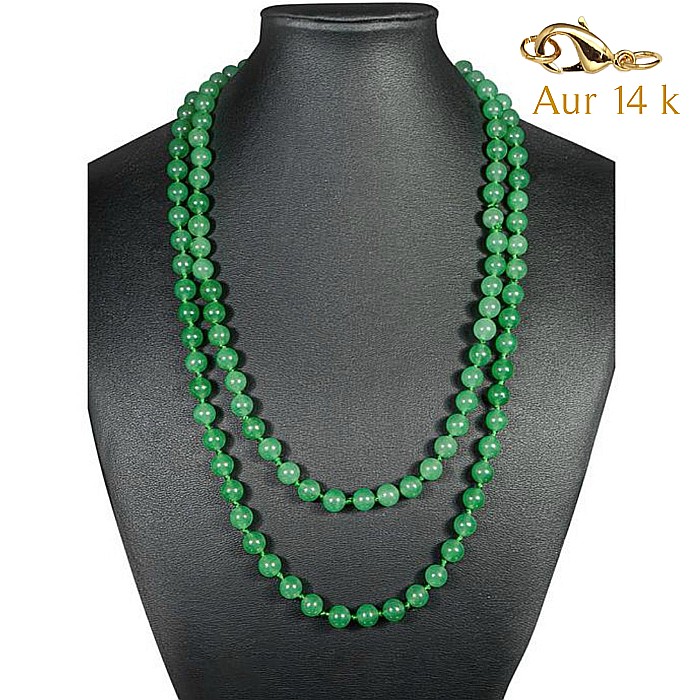 Colier Lung Jad Verde Malaesian de 8 mm cu Inchizatoare de Aur de 14k