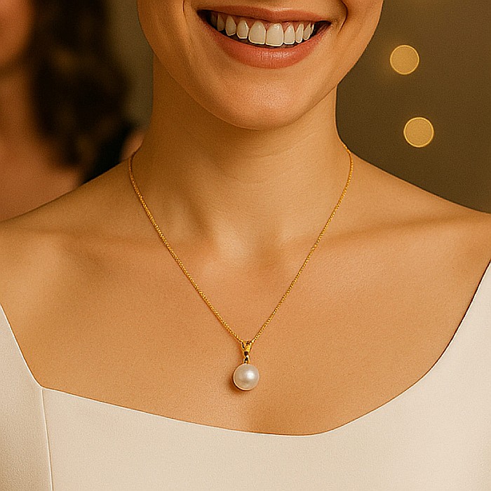 Colier Perla Naturala Alba, 8 mm, Calitate AAA, Aur 14K (aur 585) KASKADDA