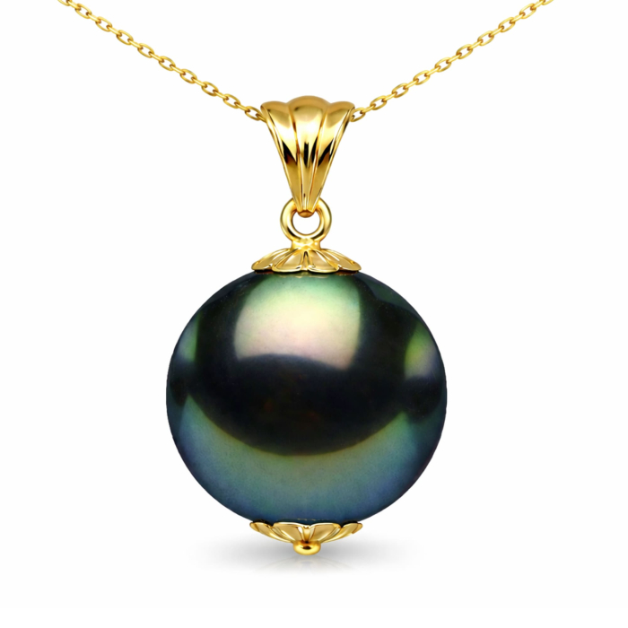Colier Perla Naturala Tahitiana Neagra, de 8-9 mm, AAA, Aur Galben 14K cu Pandantiv KASKADDA