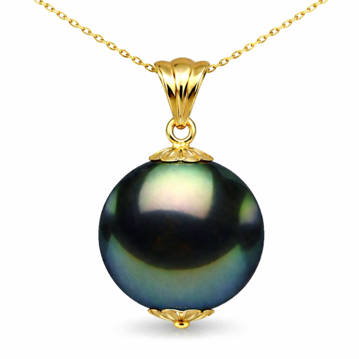 Colier Perla Naturala Tahitiana Neagra, de 9-10 mm, Calitate AAA, Aur Galben 14K cu Pandantiv KASKADDA