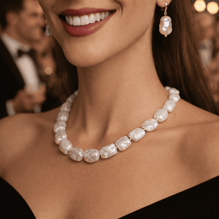 Colier Perle Naturale Baroque Albe si Inchizatoare Aur 14K (aur 585) KASKADDA