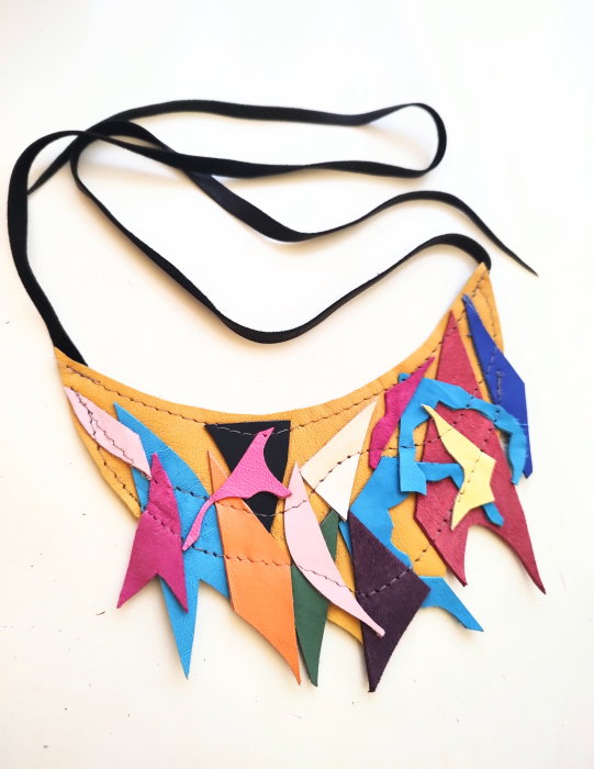 Colier statement din piele naturala, multicolor