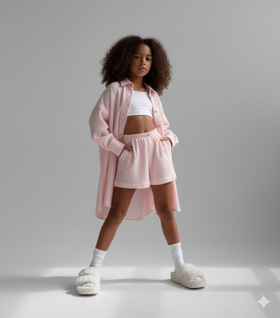 Compleu alb din muselina cu pantaloni scurti si camasa oversize pentru fete - Defne