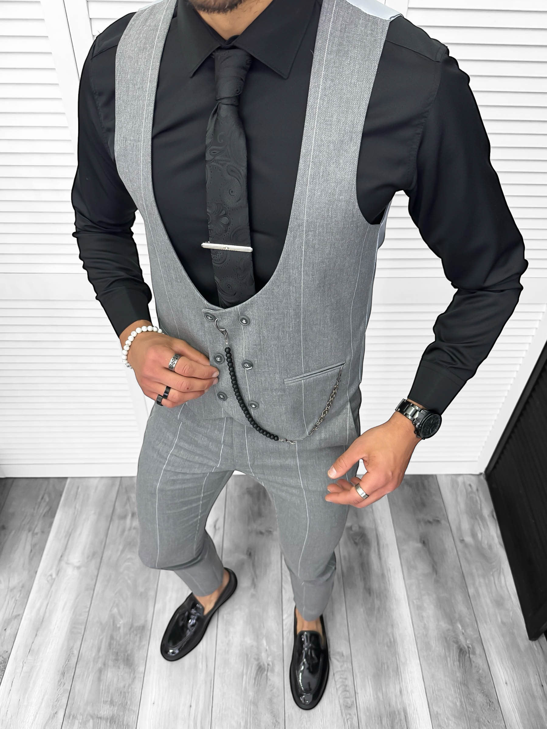Compleu barbati Vesta + Pantaloni Lant si cravata cadou B4148 P19-4.2