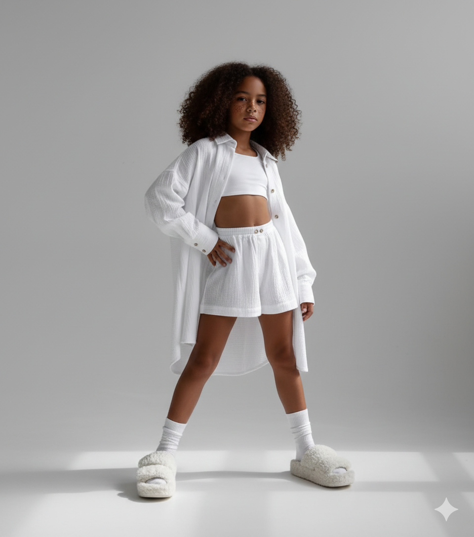 Compleu bleu din muselina cu pantaloni scurti si camasa oversize pentru fete - Defne