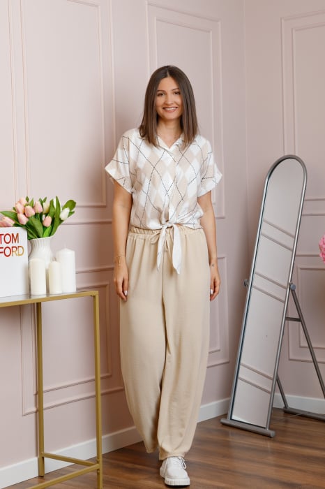 Compleu dama bej cu pantaloni largi si bluza cu nod Candice