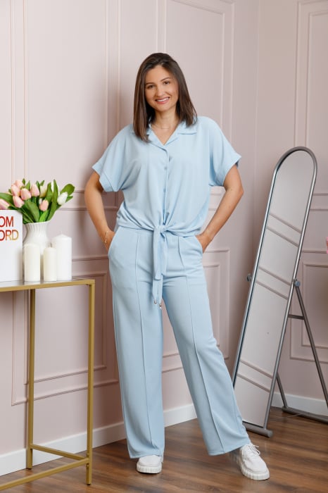 Compleu dama bleu cu pantaloni largi si bluza cu nod Abigail