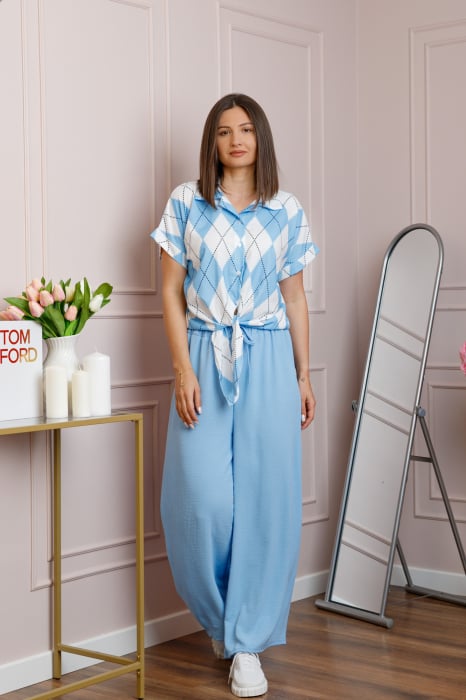 Compleu dama bleu cu pantaloni largi si bluza cu nod Candice