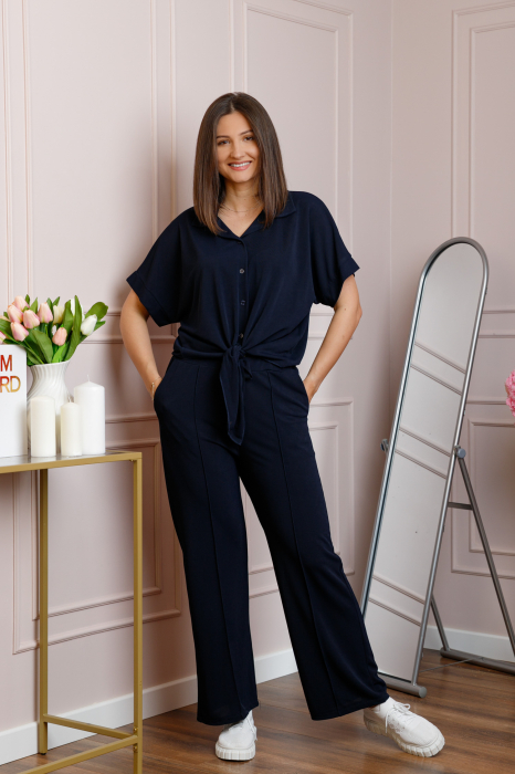 Compleu dama bleumarin cu pantaloni largi si bluza cu nod Abigail
