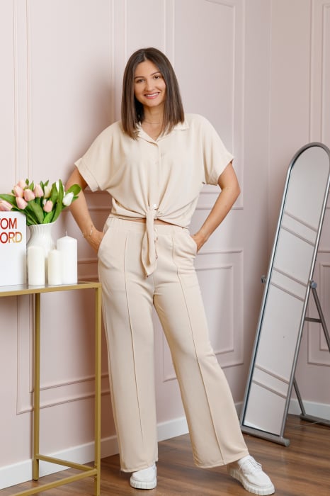 Compleu dama crem cu pantaloni largi si bluza cu nod Abigail