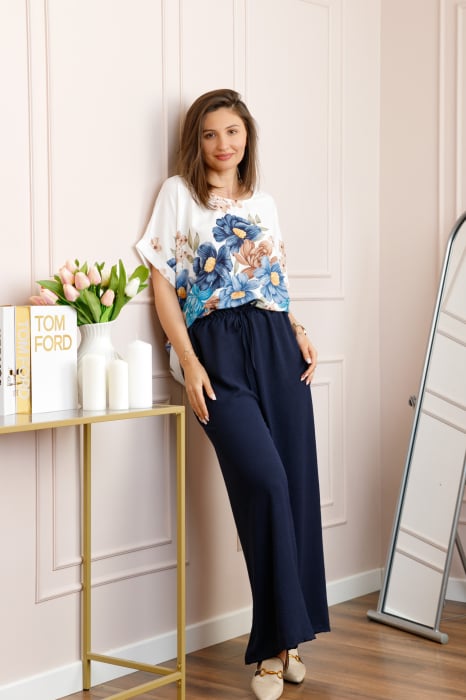Compleu dama Deborah cu bluza vaporoasa si pantaloni largi - Bleumarin